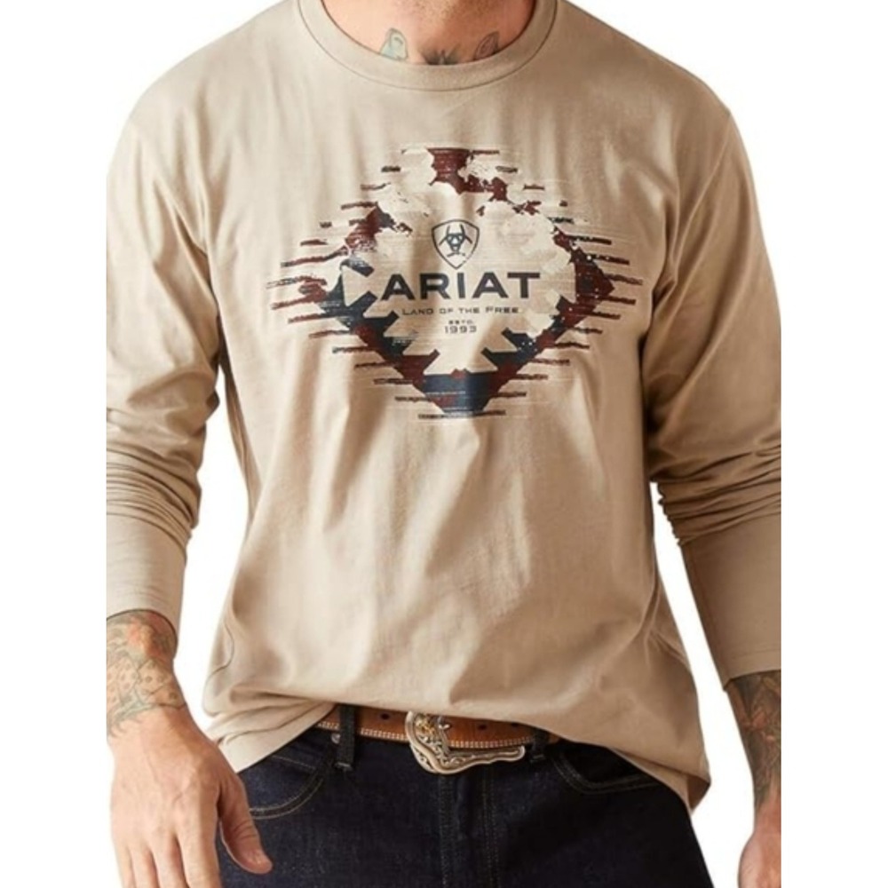 Ariat Mens Land of the Free Long Sleeve Graphic T-Shirt Tan Beige Small NEW